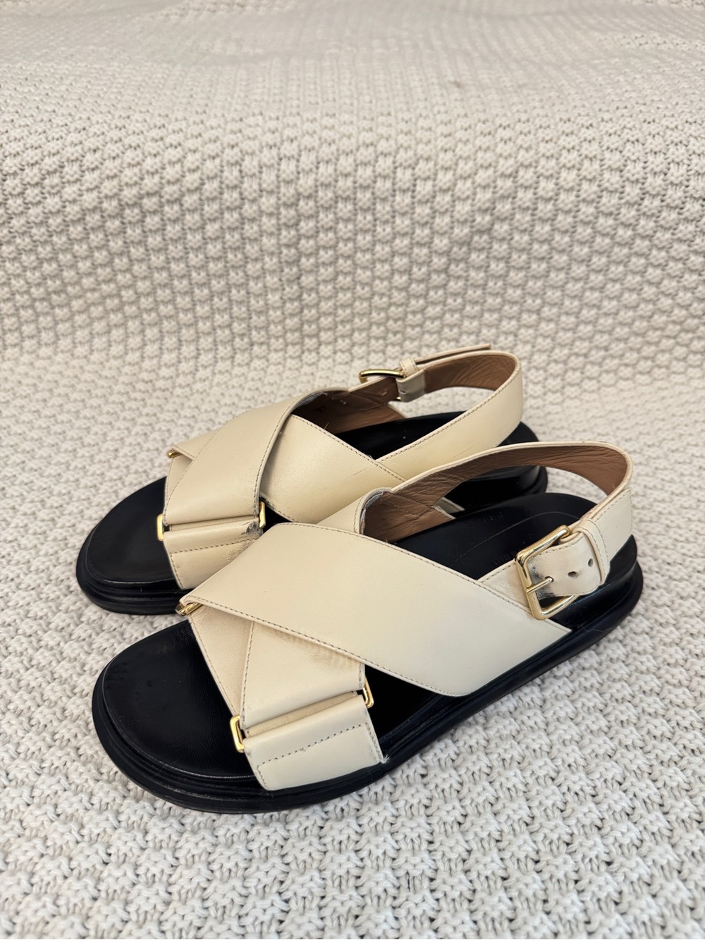Marni Cream Leather Crisscross Slingback Sandals with Black Footbed - Picture 3 of 7